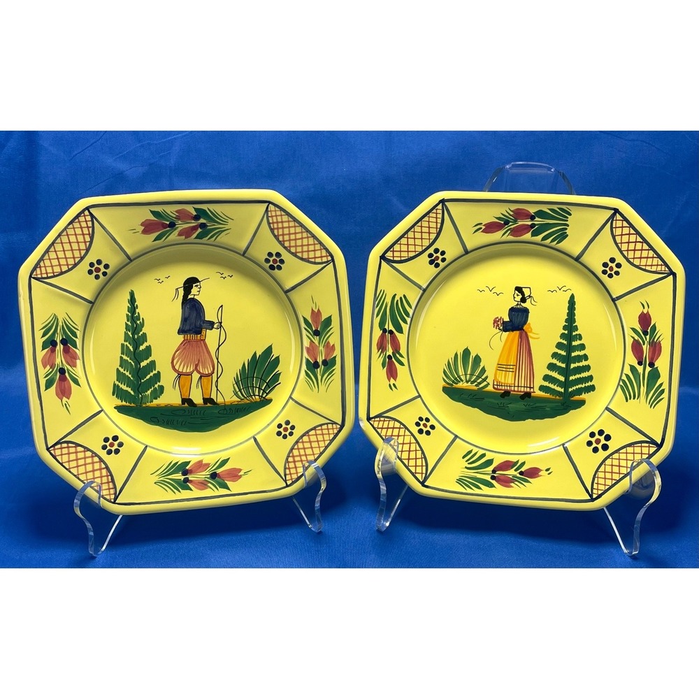 Henriot Quimper Mistral Yell Breton Octagonal Salad Plates Pair 7.75" France